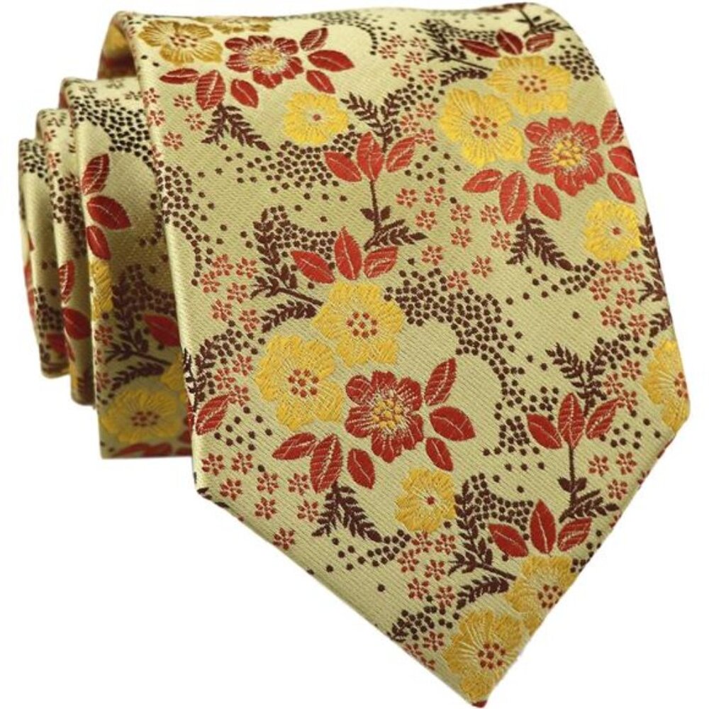 Men's Tie Cravat Jacquard Luxury Small Floral Pattern Wedding Yellow And Brown - Picture 1 of 5